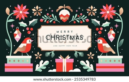 Merry Christmas and Happy New Year  background, banner, poster design with trendy flat style illustration.