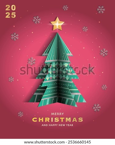 Merry Christmas and Happy New Year greeting card template set with paper cut-out Christmas trees on starry night background. Modern Trendy Christmas Card. Perfect for banner and festive decoration.