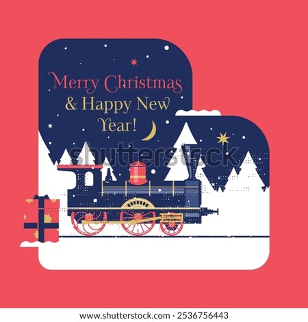 Merry Christmas and Happy New Year! A festive illustration. An old steam locomotive and a gift box on the background of a winter forest