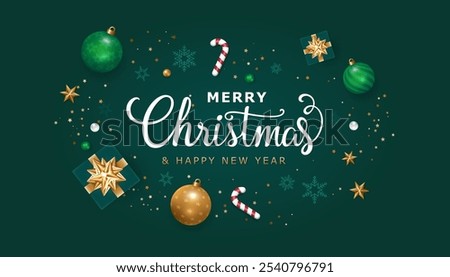 Merry Christmas and happy new year on green background. Christmas letters, Gift boxes, Christmas balls. Christmas element for web, banners, greeting card, template design. Vector EPS10.