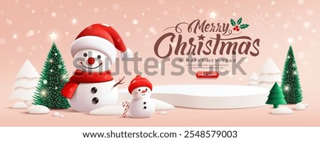 Merry Christmas and happy new year podium display ,Snowman, pine tree, greeting card, winter banner design on pink background, Eps 10 vector illustration