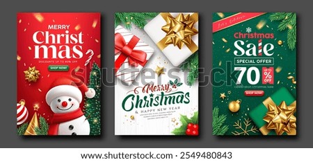 Merry christmas and Happy new year sale, ornaments poster flyer design, three styles collections background, Eps 10 vector illustration