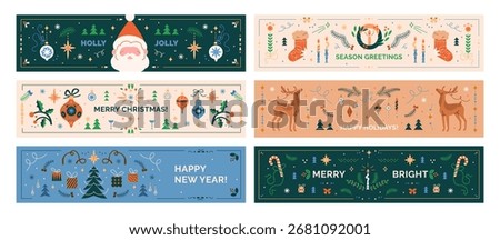 Merry Christmas and Happy New Year, festive banners set. Winter holiday greeting backgrounds, horizontal designs with seasonal ornaments, Santa Claus, Scandinavian patterns. Flat vector illustrations