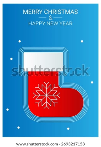 Merry Christmas and Happy New Year greeting card. Minimalistic geometric sock on a blue background. Retro banner, poster. Vector illustration.