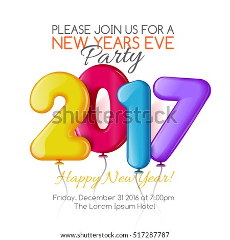 Merry Christmas and Happy New Year 2017 party invitation template, vector illustration. Bright and colorful New Year and Xmas greeting card, poster, banner, invitation design with numbers as balloons