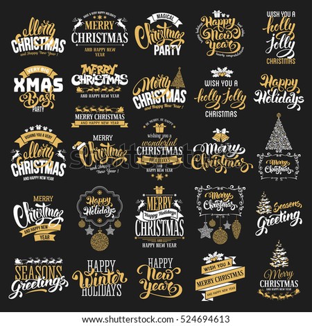 Merry Christmas and Happy New Year typography designs set on black background. Vector illustration.