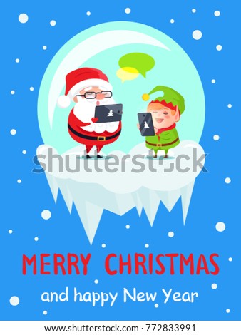 Merry Christmas and Happy New Year poster with Santa and Elf are messaging by their laptops in glass bowl isolated on blue background wit snowfall