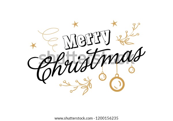 メリークリスマス 新年のおめでとうフォントテキストカード タイポグラフィー銘文のデコレーションポスターウィンターホリデーでデザインした金ロウソク クリスマスツリーのベルスノー 背景にベクターイラスト のベクター画像素材 ロイヤリティフリー