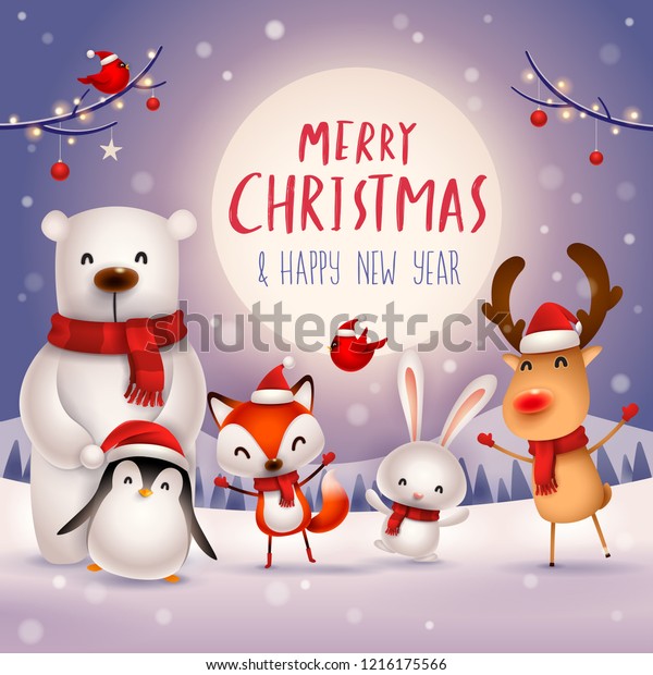 聖降誕祭お目出とう 新年お目出とう クリスマスのかわいい動物のキャラクター クリスマスのお友達おめでとう 白熊 キツネ ペンギン バニー 赤い枢機卿鳥が月明かりの下にいます 冬の風景 のベクター画像素材 ロイヤリティフリー