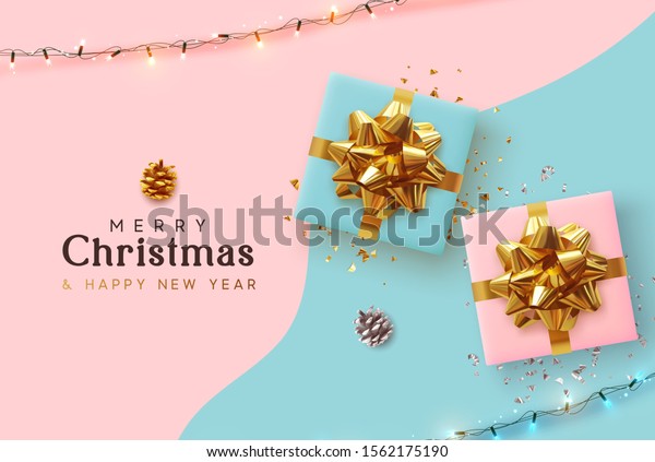 聖降誕祭お目出とう 新年お目出とう クリスマス背景にリアルなピンク と青のギフトボックス お祭り的な明るいガーランド ホリデーバナー ポスター グリーティングカード 広告チラシのパンフレット 柔らかい色 のベクター画像素材 ロイヤリティ フリー