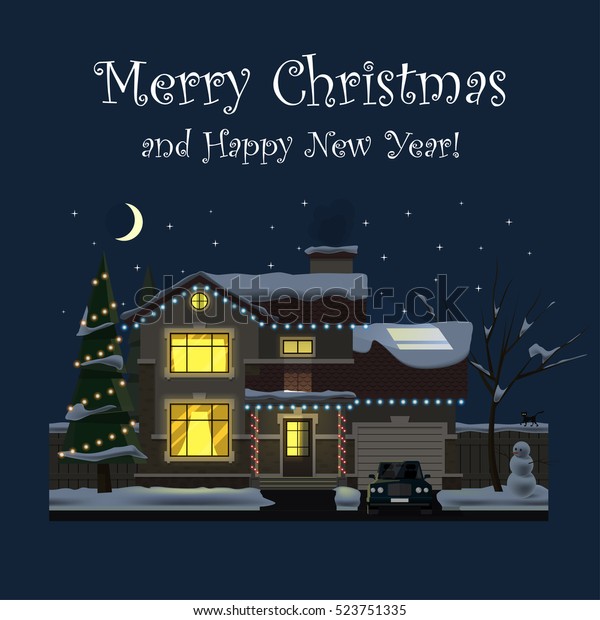 Merry Christmas and Happy New Year. Family\
house at night. Winter. Hearth and home. Flat design. For your\
project. Vector\
Illustration.