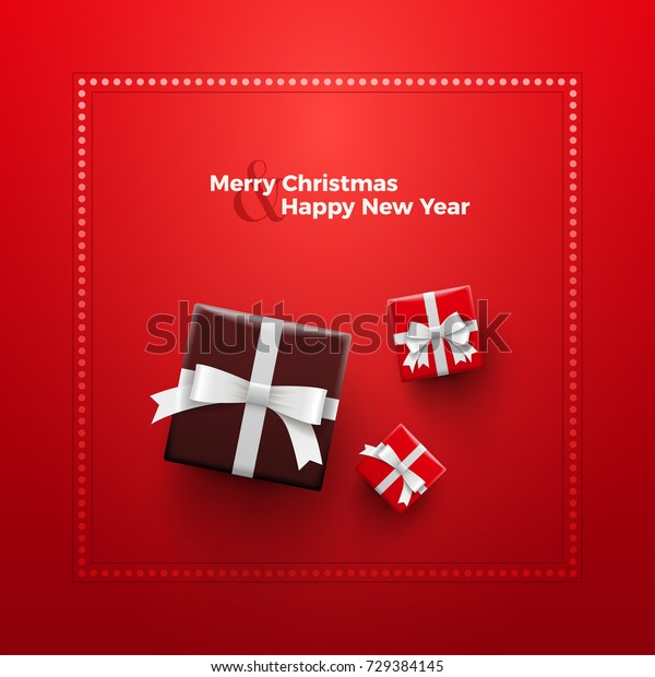 メリークリスマスとハッピー ニューイヤーカードデザイン 赤い背景に赤いギフトボックスと点線の枠 のベクター画像素材 ロイヤリティフリー