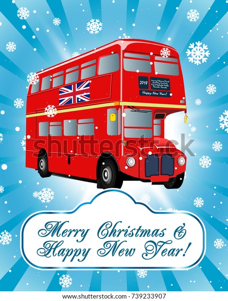 Merry Christmas and Happy New Year greeting\
card with london red double-decker bus  on the blue background.\
Vector Illustration