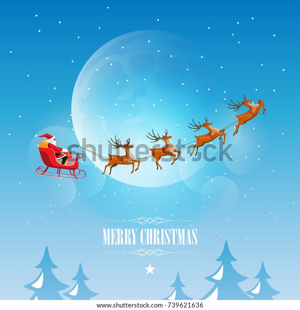 メリークリスマスと新年 満月の空にトナカイでそりを運転するサンタクロース 平らな漫画スタイル ベクターイラスト のベクター画像素材 ロイヤリティフリー