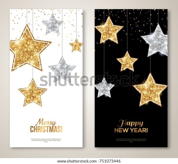 Merry Christmas and Happy New Year Vertical Banners with Silver and