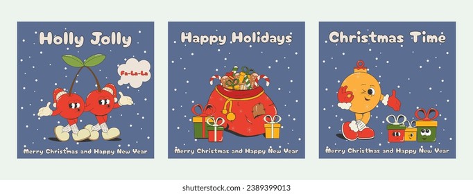 Merry Christmas and Happy New Year.A set of square greeting cards with funny, comic groovy characters cherry,Christmas ball,gift bag,isolated on a white background.vector illustration.