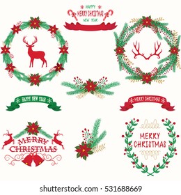 Merry Christmas and Happy New Year.Christmas wreath,Banner,Rustic Christmas,  Reindeer,Antler,Christmas Greeting,Christmas Invitation.Vector illustration