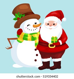 Merry Christmas and Happy New Year!Friends Santa Claus in hat and snowman in scarf celebrate xmas