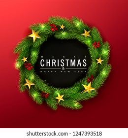 Merry Christmas and Happy New Year.Green Christmas wreath with Rowan and golden stars on a red background.Suitable for promotional materials, postcards,posters banners, flyers. Modern design.