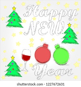 Merry Christmas and Happy New Year.Holiday scene with Christmas trees,Christmas balls,glass of wine and decorations.Happy Holidays.
