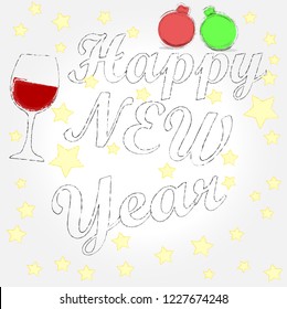Merry Christmas and Happy New Year.Holiday scene with Christmas balls glas of wine and decorations.Happy Holidays.
