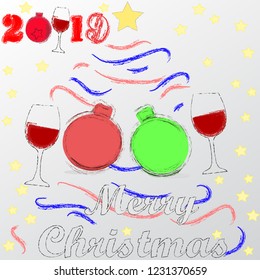 Merry Christmas and Happy New Year.Holiday scene with Christmas balls and decoration.Happy Holidays.