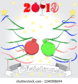 Merry Christmas and Happy New Year.Holiday scene with Christmas balls and decoration.Happy Holidays.