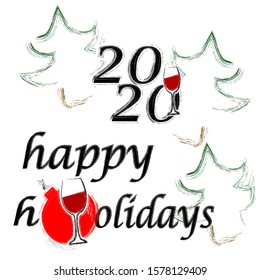 Merry Christmas and Happy New Year.Holiday scene with Christmas trees and glass of wine.Decoration.Happy holidays.