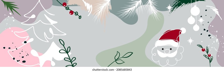 Merry Christmas. Happy New Year.Horizontal banner. Trendy Christmas design with hand drawn strokes and dots, Christmas tree and Santa Claus, pastel colors. Modern minimalistic style.  poster, postcard