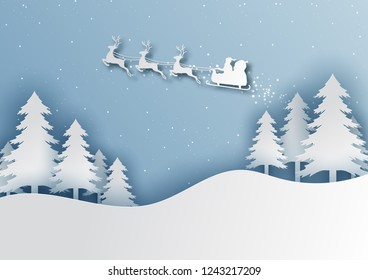 Merry Christmas and Happy New Year.Illustration of Santa Claus on the sky,Paper art and digital craft style