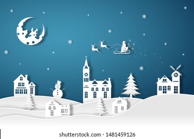 Merry Christmas and Happy New Year.Illustration of Santa Claus on the night sky in the winter.paper art design.