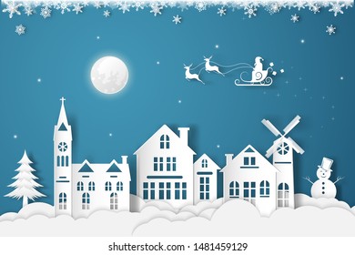 Merry Christmas and Happy New Year.Illustration of Santa Claus on the full moon night in the winter.paper art design.