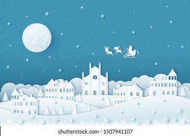 Merry Christmas and Happy New Year.Illustration of  Holiday landscape in the winter and Santa Claus on the sky.