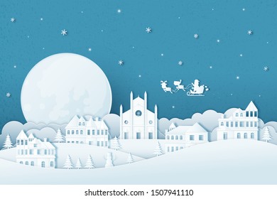 Merry Christmas and Happy New Year.Illustration of  Holiday landscape in the winter and Santa Claus on the sky.