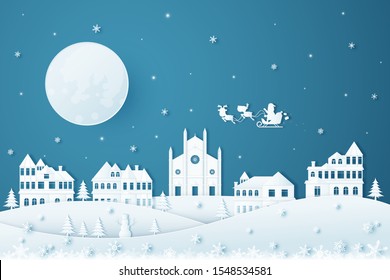 Merry Christmas and Happy New Year.Illustration of  Holiday landscape in the winter and Santa Claus on the sky.