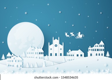 Merry Christmas and Happy New Year.Illustration of  Holiday landscape in the winter and Santa Claus on the sky.