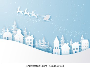 Merry christmas and happy new year,Illustration of santa claus on the sky coming to city,Paper art and digital craft style