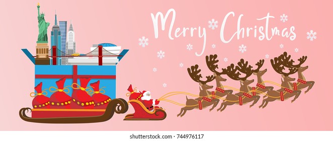 Merry Christmas and Happy New Year.Illustration of  Santa Claus with New york landmarks in gift box.
