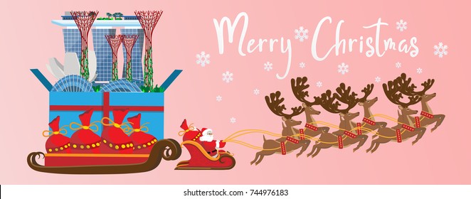 Merry Christmas and Happy New Year.Illustration of  Santa Claus with Singapore landmarks in gift box.