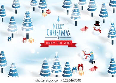 merry christmas and happy new year,isometric christmas tree snow  gift box vector