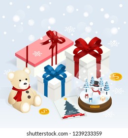 merry christmas and happy new year,isometric christmas snow globe  gift boxes vector