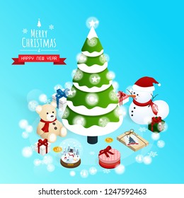 merry christmas and happy new year,isometric christmas snow globe  gift boxes vector