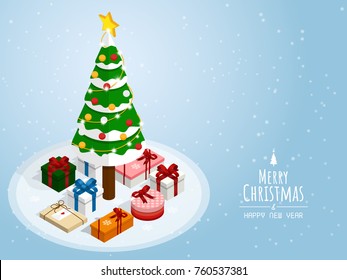 merry christmas and happy new year,isometric snow falling christmas tree gift box  vector