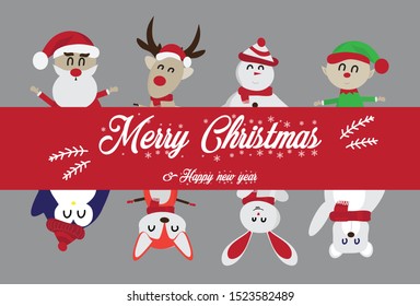 Merry Christmas and Happy New Year.Many cute cartoon characters, such as Santa Claus, reindeer, elves, bears, step, world, fox, penguin, rabbit, with a red label - vector.
