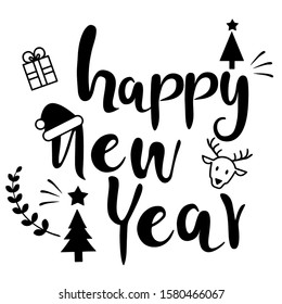 Merry Christmas and Happy New Year,new year Vector emblem,Christmas English phrase snowflake and Christmas hat,Christmas gifts,deer,Christmas tree