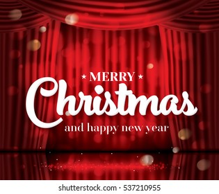 Merry Christmas and Happy New Year.Open Red Curtains with Neon Lights and Copy Space. Vector Illustration. Theater, Opera or Cinema Scene. Light on a Floor