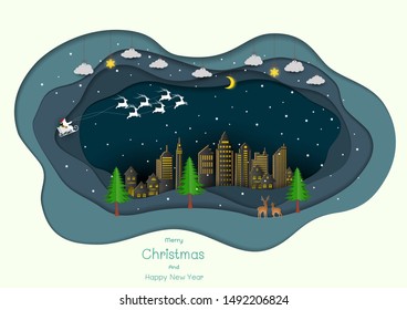 Merry Christmas and Happy new year,paper art style with Santa claus coming to the city on winter night,vector illustration