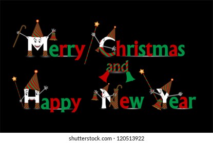 Merry Christmas and Happy New Years with comic characters. Winter holiday greeting card, vector