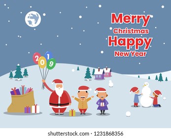 Merry christmas and happy new years with happy child and santa claus who gives present