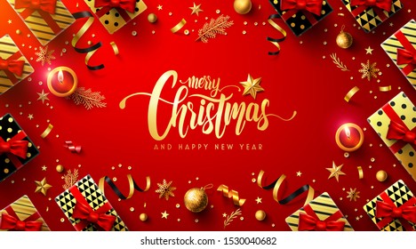 Merry Christmas and Happy New Years Red Poster with gift box and christmas decoration elements for Retail,Shopping or Christmas Promotion in golden and red style.Vector illustration EPS10